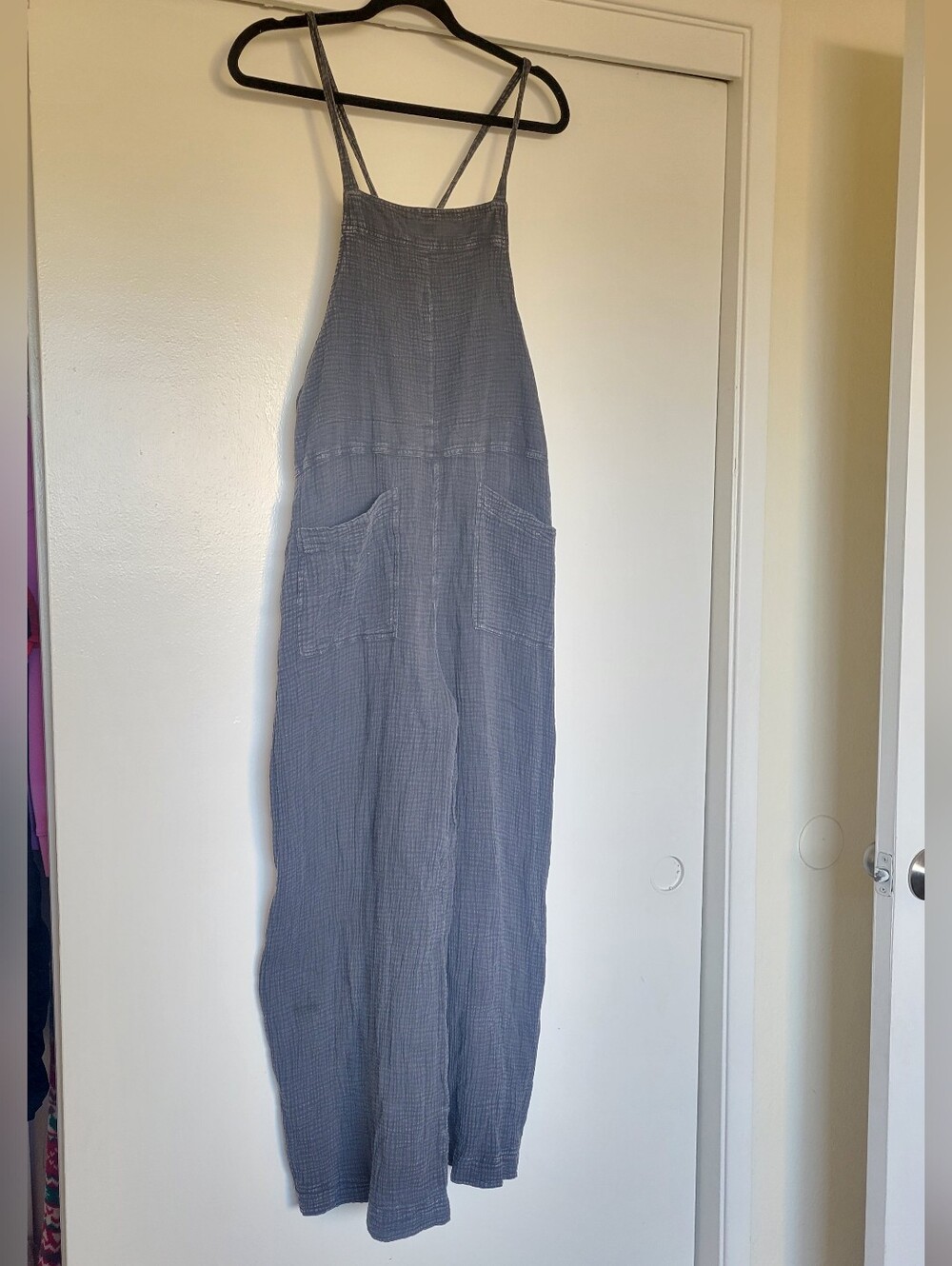 Easel Los Angeles Gray Cotton Gauze Wide Leg Jumpsuit Overalls L
